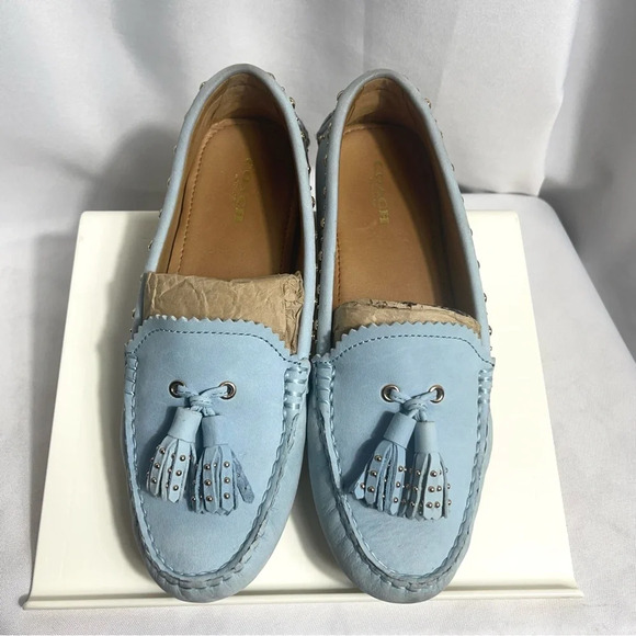 Coach Norfolk Nubuck Blue Mist 7M Loafers Leather Silver Studded and Tassel - Picture 1 of 11
